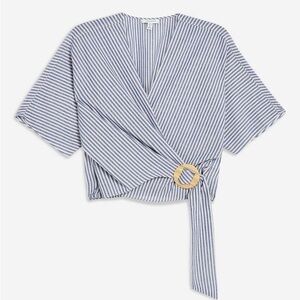 Topshop Blue and White Striped Wrap Blouse